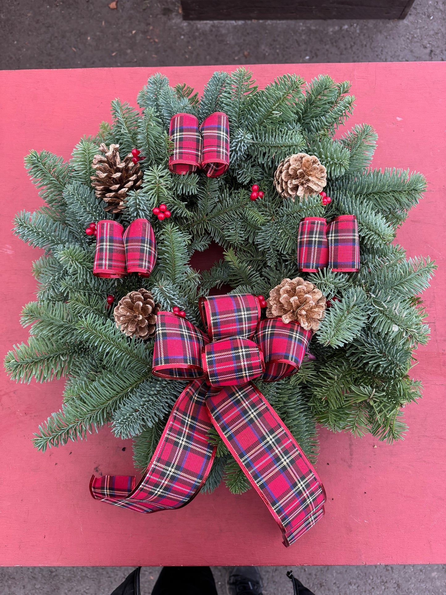 Luxury Large Noble Fir Wreath - Red & Blue Tartan Ribbon, Gold Pine Cones, Berries