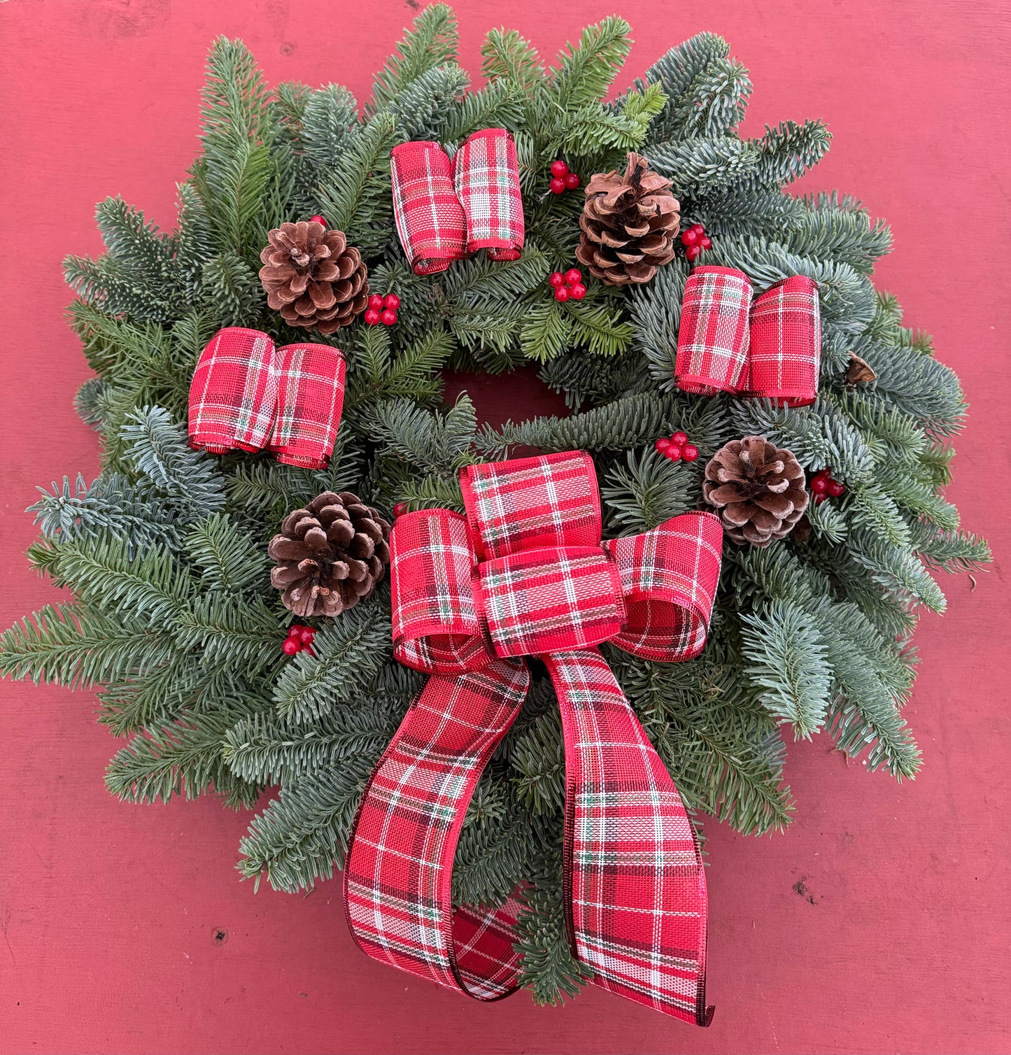 Luxury Large Noble Fir Wreath - Red & White Tartan Ribbon, Frosted Pine Cones, Berries