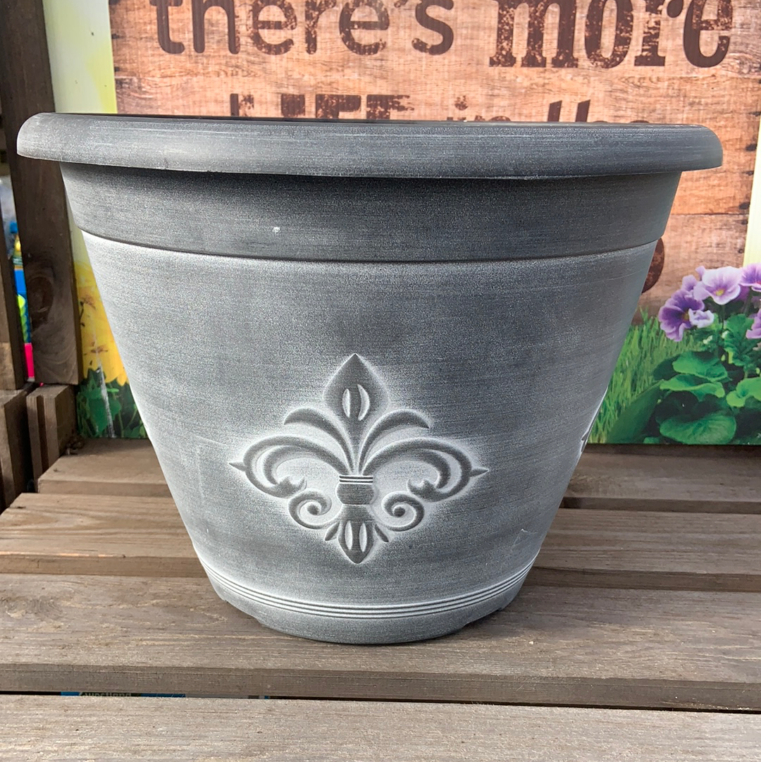 Fleur De Lys Planter 13” Black with White Wash