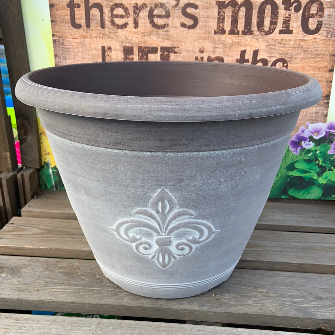Fleur De Lys Planter 13” Chocolate with White Wash
