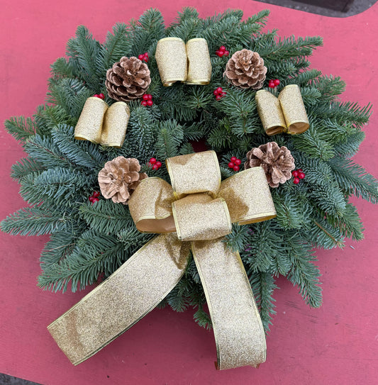 Luxury Large Noble Fir Wreath - Gold Ribbon, Gold Pine Cones, Berries