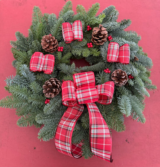 Luxury Large Noble Fir Wreath - Red & White Tartan Ribbon, Frosted Pine Cones, Berries