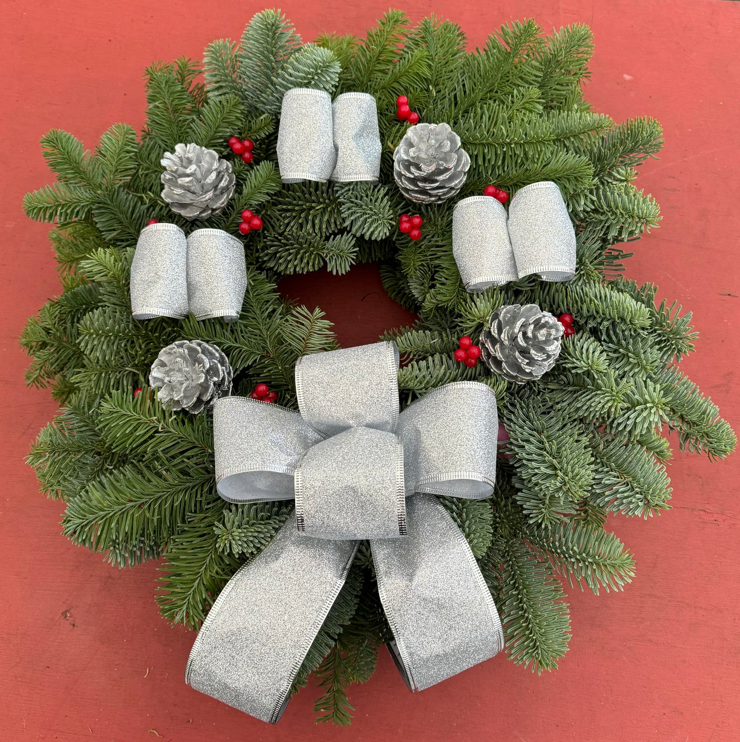 Luxury Large Noble Fir Wreath - Silver Ribbon, Silver Pine Cones, Berries