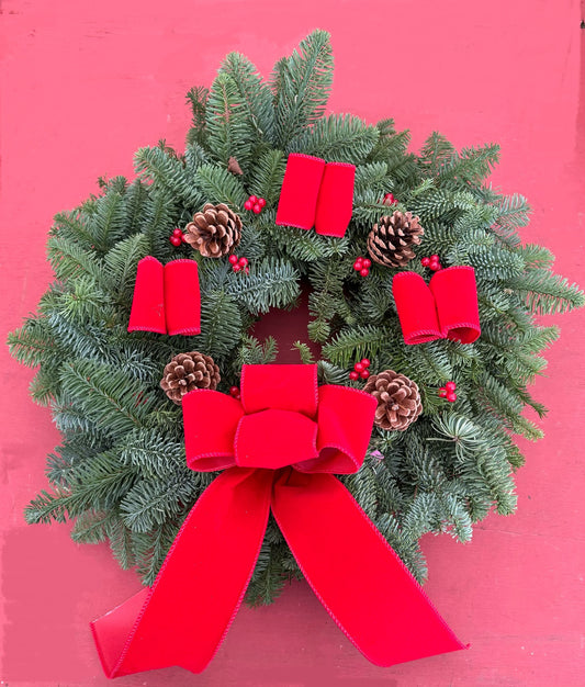 Luxury Large Noble Fir Wreath - Red Ribbon, Pine Cones, Berries
