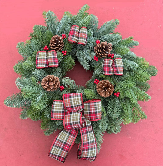 Luxury Large Noble Fir Wreath - Red & Gold Tartan Ribbon, Pine Cones, Berries