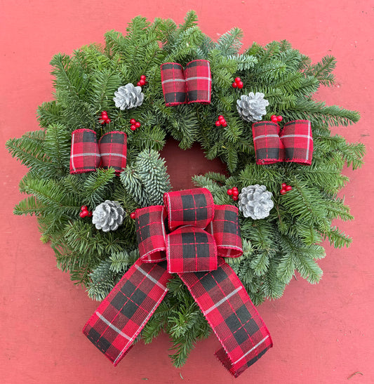 Luxury Large Noble Fir Wreath - Red & White Tartan Ribbon, Silver Pine Cones, Berries