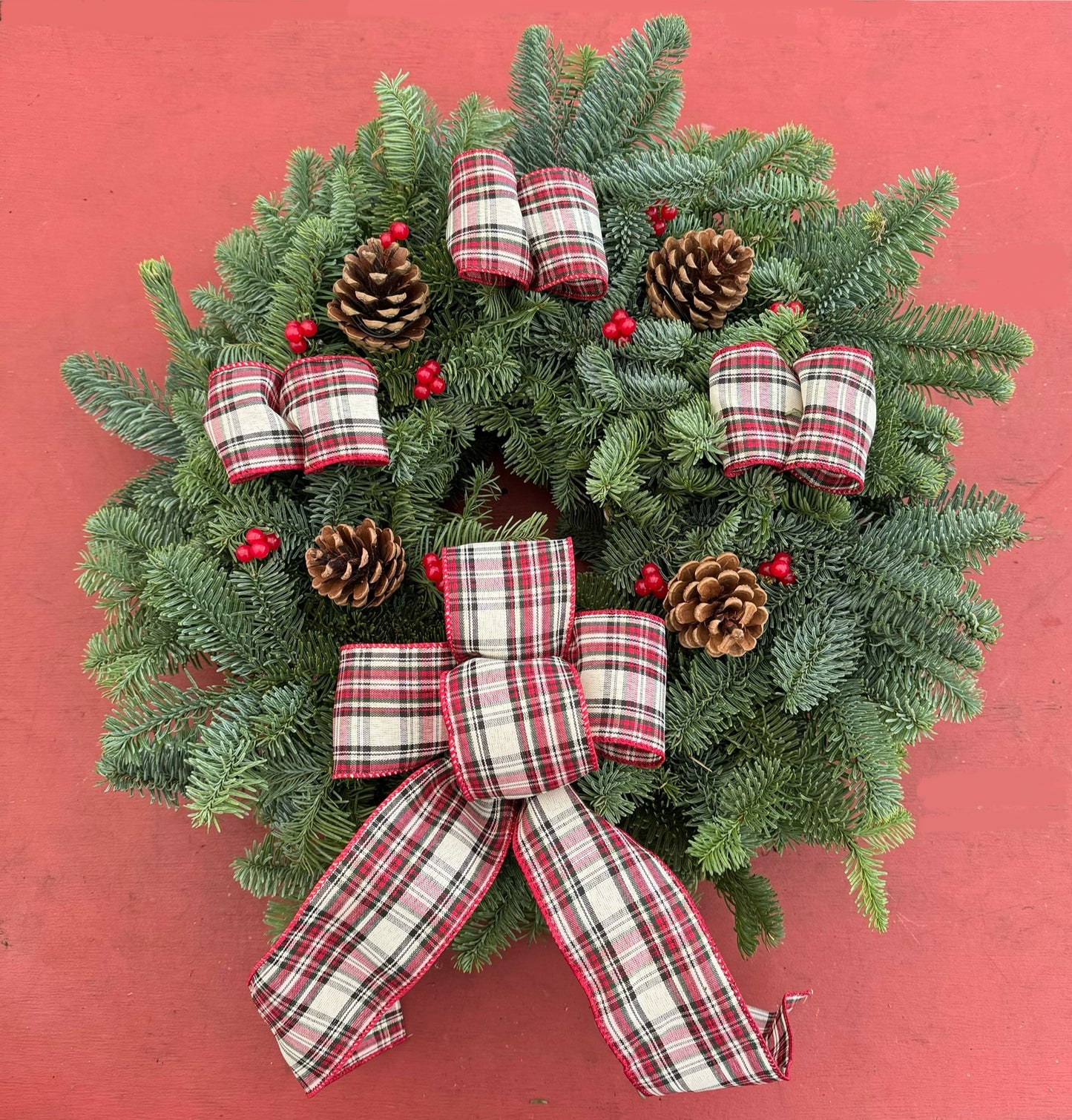 Luxury Large Noble Fir Wreath - Red & White Tartan Xmas Ribbons, Pine Cones, Berries